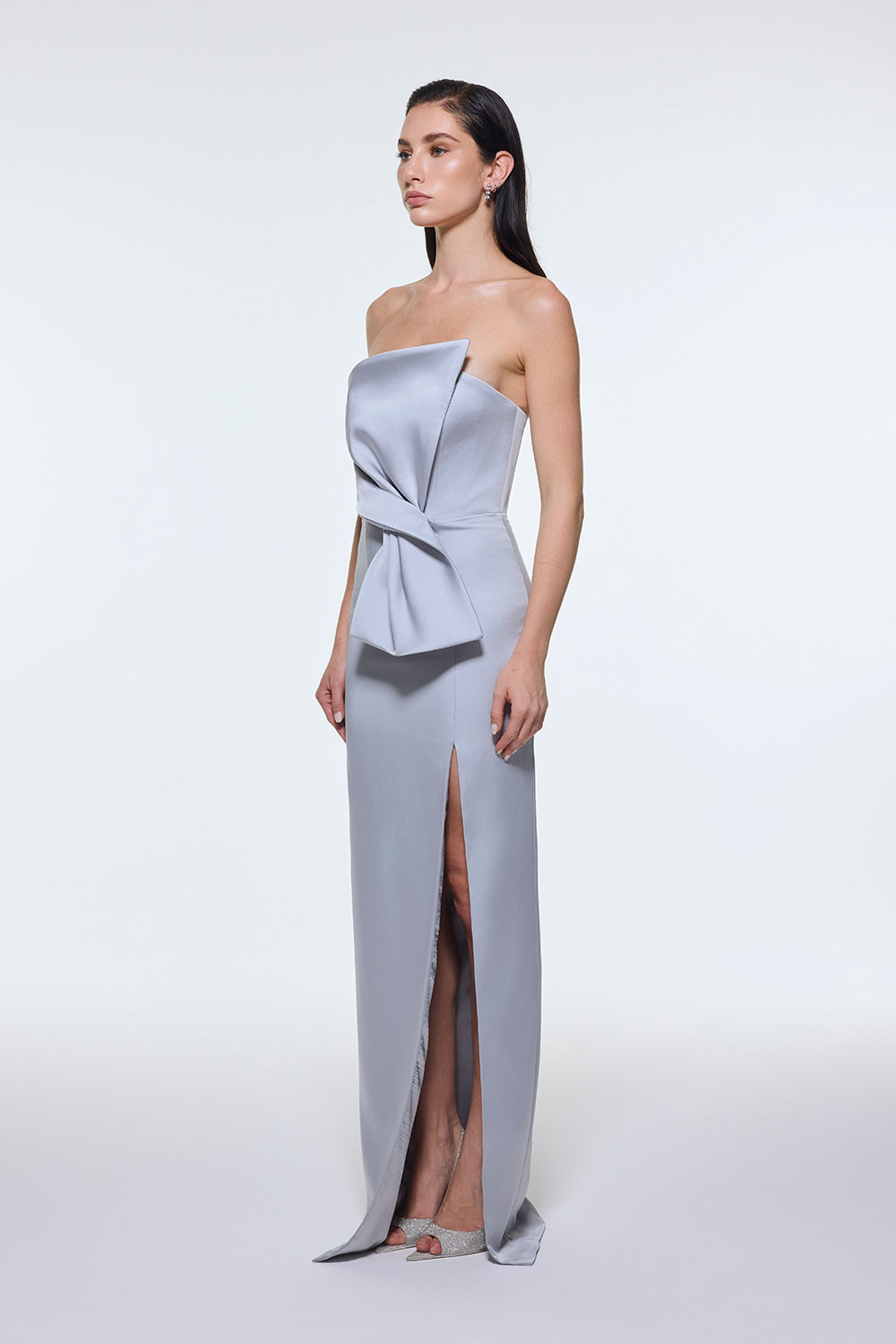 Strapless Collar Slit Satin Long Evening Dress - 9281C