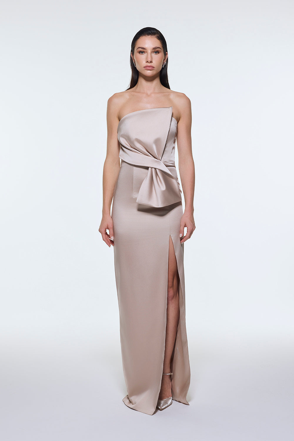 Strapless Collar Slit Satin Long Evening Dress - 9281C