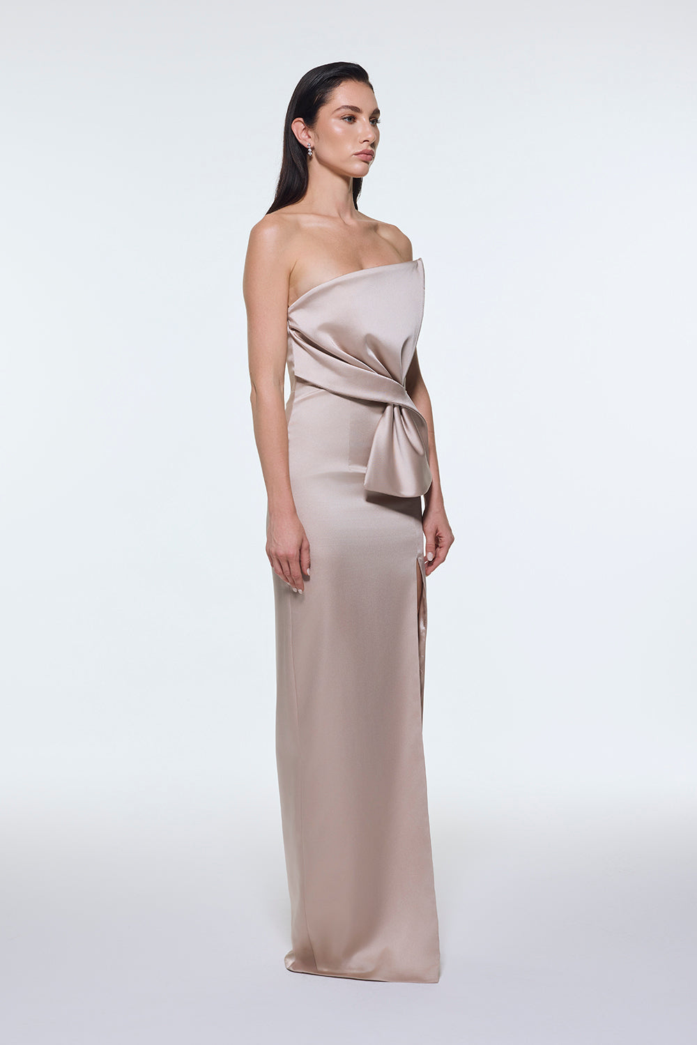 Strapless Collar Slit Satin Long Evening Dress - 9281C