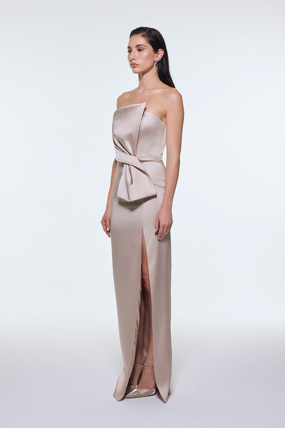 Strapless Collar Slit Satin Long Evening Dress - 9281C