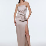 Strapless Collar Slit Satin Long Evening Dress - 9281C