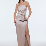Strapless Collar Slit Satin Long Evening Dress - 9281C