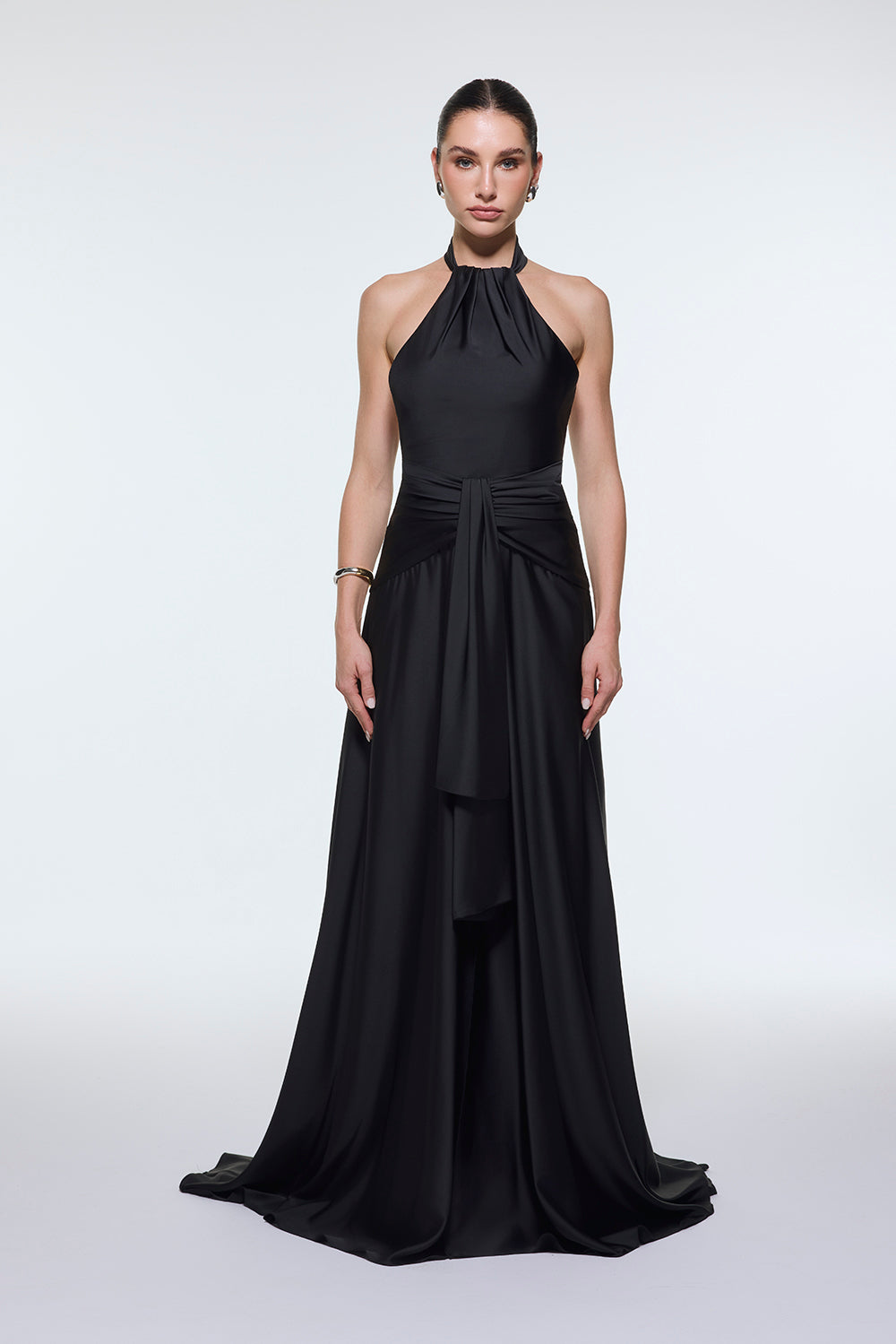 Long Evening Dress with Neck Straps and Waist Drape Detail - 9253C