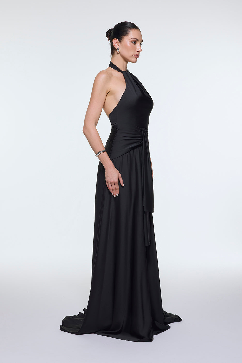 Long Evening Dress with Neck Straps and Waist Drape Detail - 9253C