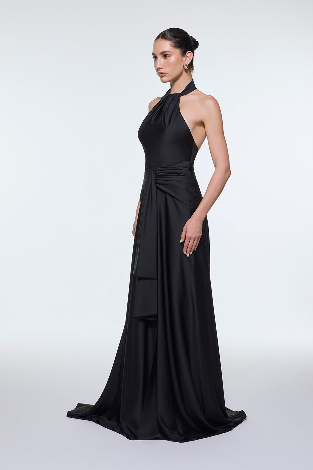 Long Evening Dress with Neck Straps and Waist Drape Detail - 9253C