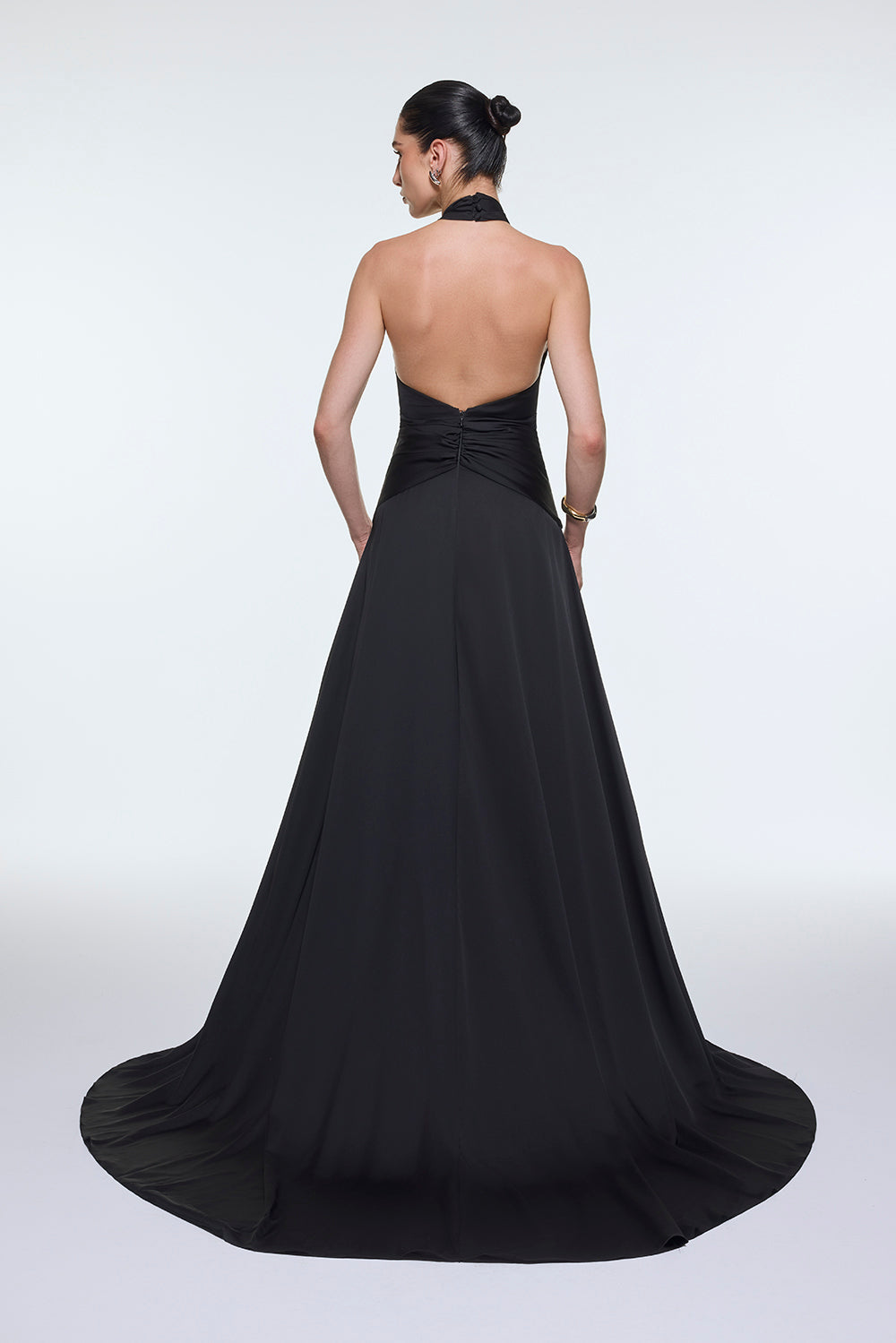 Long Evening Dress with Neck Straps and Waist Drape Detail - 9253C