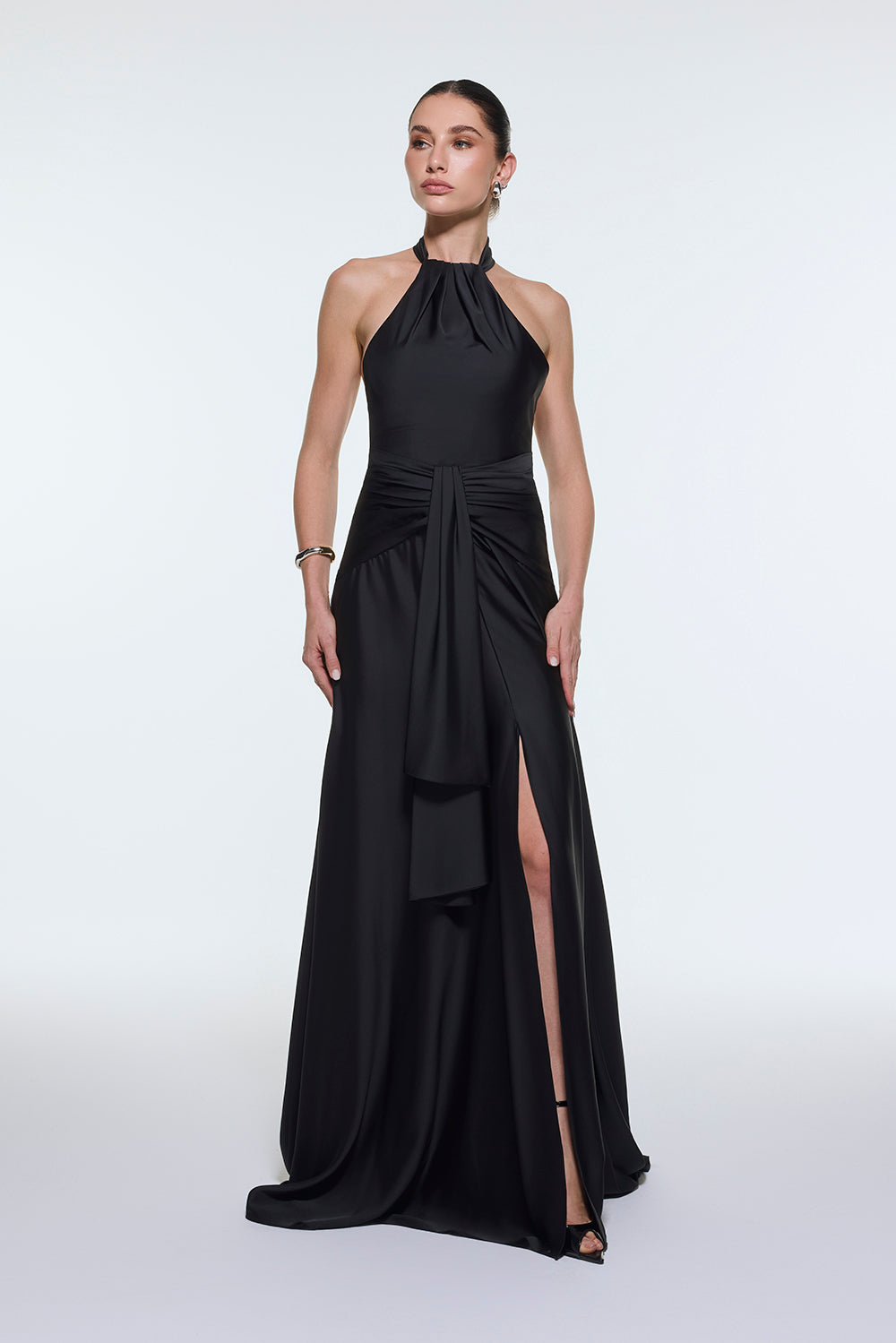 Long Evening Dress with Neck Straps and Waist Drape Detail - 9253C