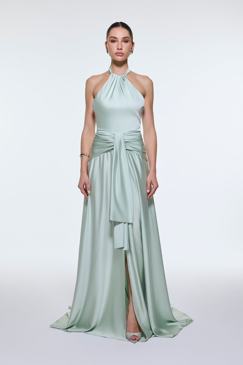 Long Evening Dress with Neck Straps and Waist Drape Detail - 9253C