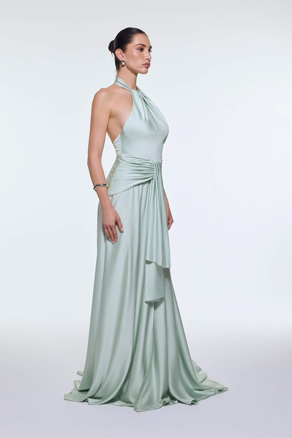 Long Evening Dress with Neck Straps and Waist Drape Detail - 9253C