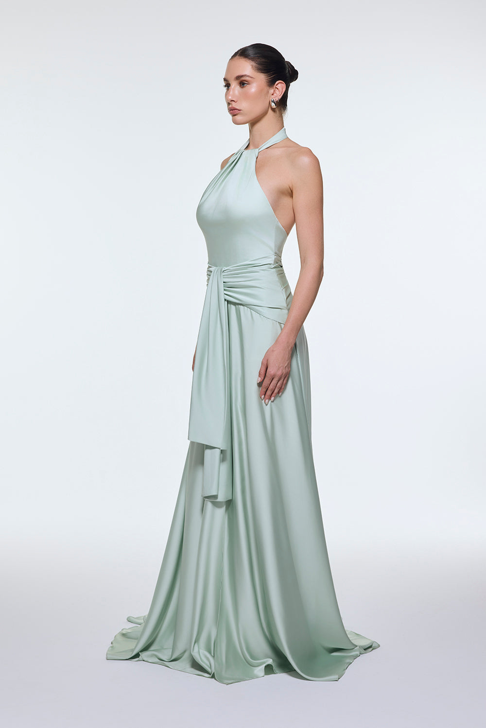 Long Evening Dress with Neck Straps and Waist Drape Detail - 9253C