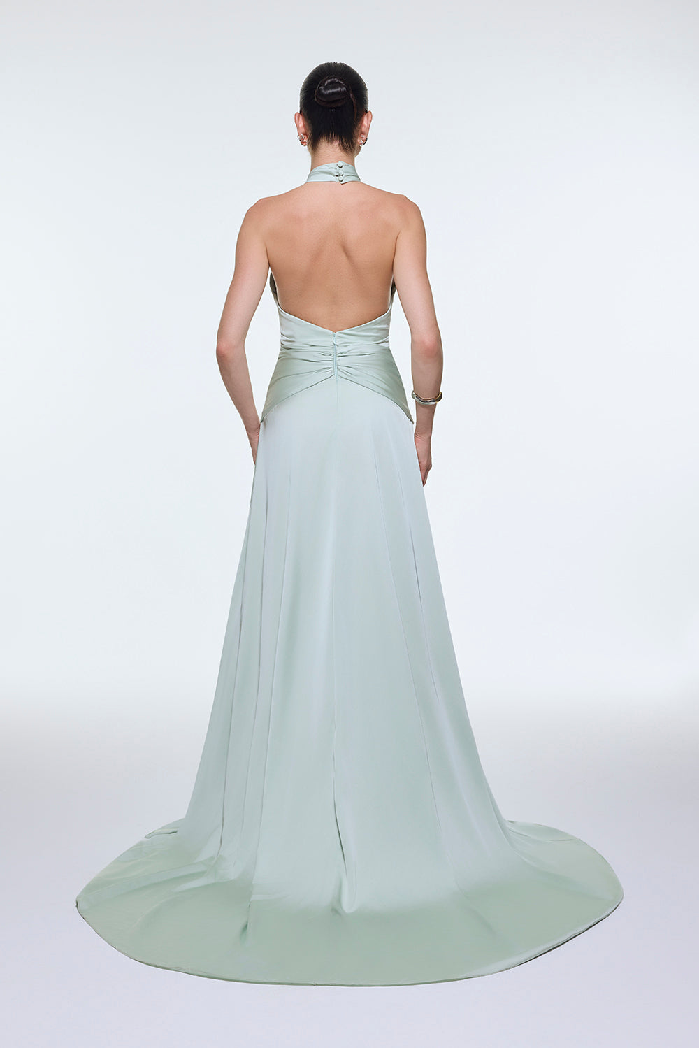 Long Evening Dress with Neck Straps and Waist Drape Detail - 9253C