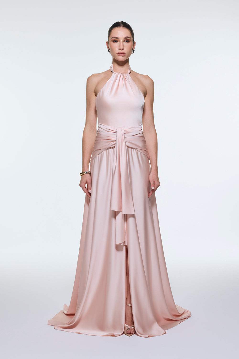 Long Evening Dress with Neck Straps and Waist Drape Detail - 9253C