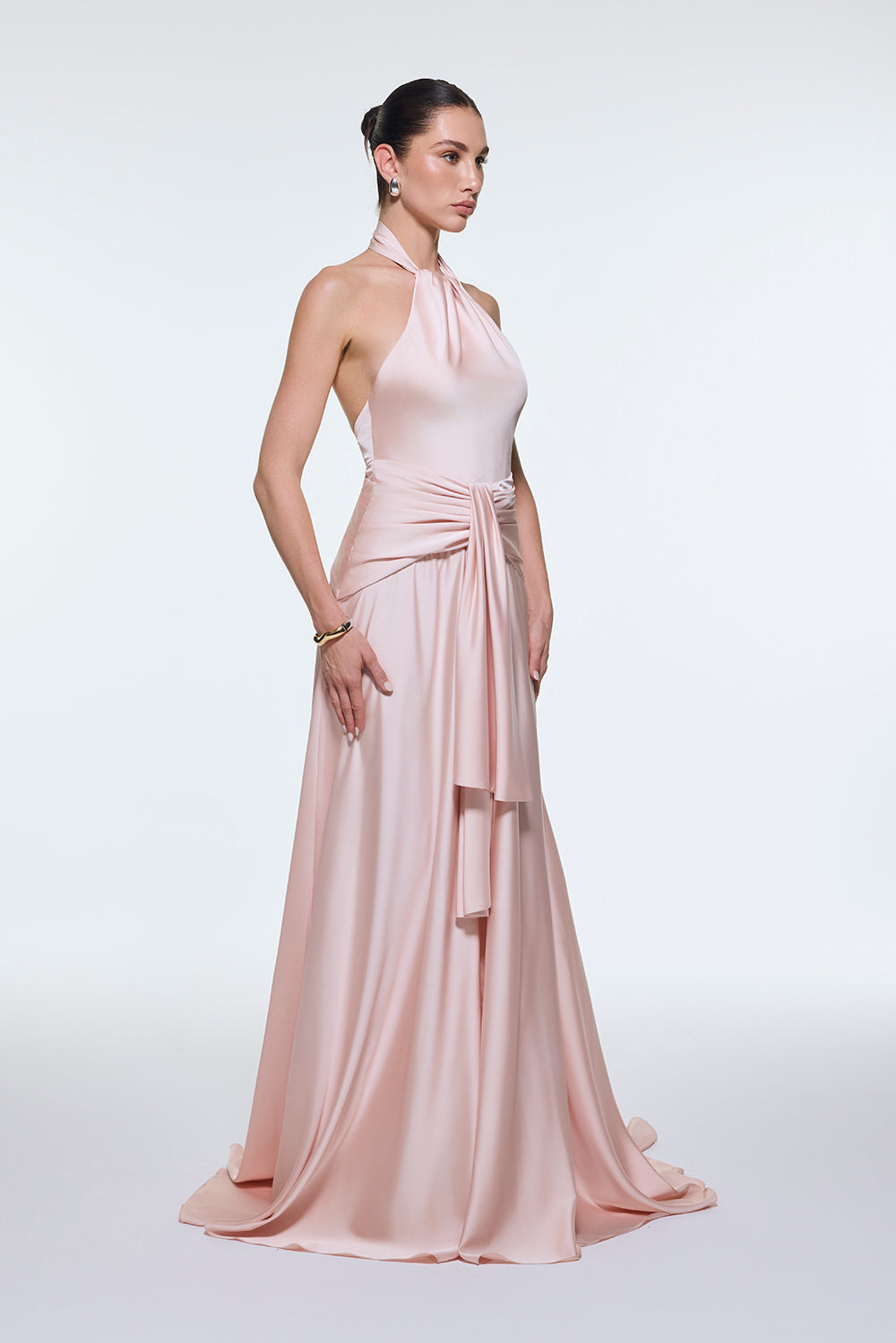 Long Evening Dress with Neck Straps and Waist Drape Detail - 9253C