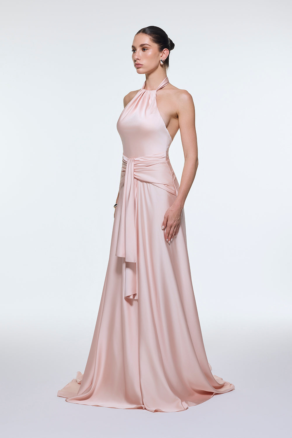 Long Evening Dress with Neck Straps and Waist Drape Detail - 9253C