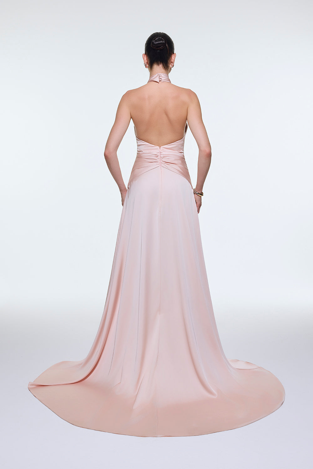 Long Evening Dress with Neck Straps and Waist Drape Detail - 9253C