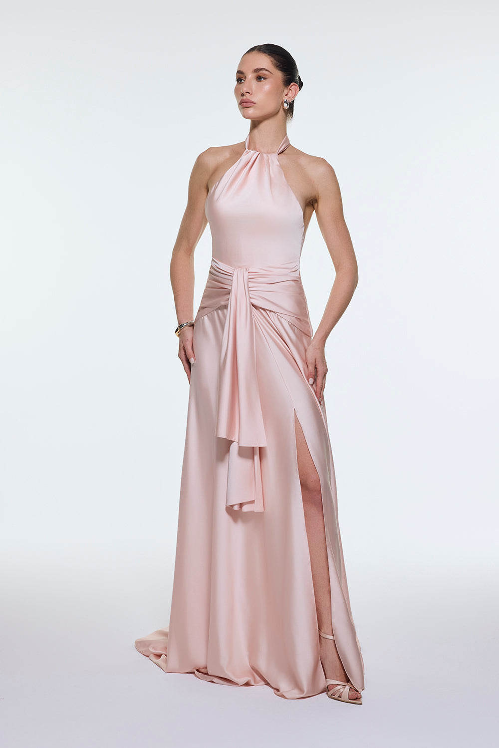 Long Evening Dress with Neck Straps and Waist Drape Detail - 9253C