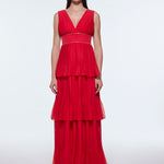 V-Neck Volan Chiffon Long Evening Dress - 9274C