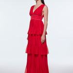 V-Neck Volan Chiffon Long Evening Dress - 9274C