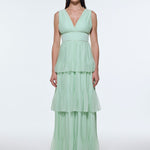 V-Neck Volan Chiffon Long Evening Dress - 9274C