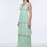 V-Neck Volan Chiffon Long Evening Dress - 9274C