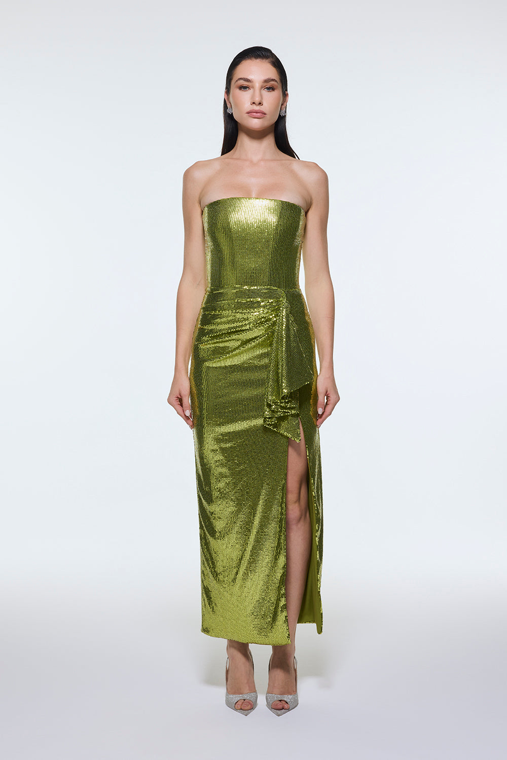 Bel Drape Detaylı Straplez Midi Abiye Elbise - 9295C - Fıstık Yeşil