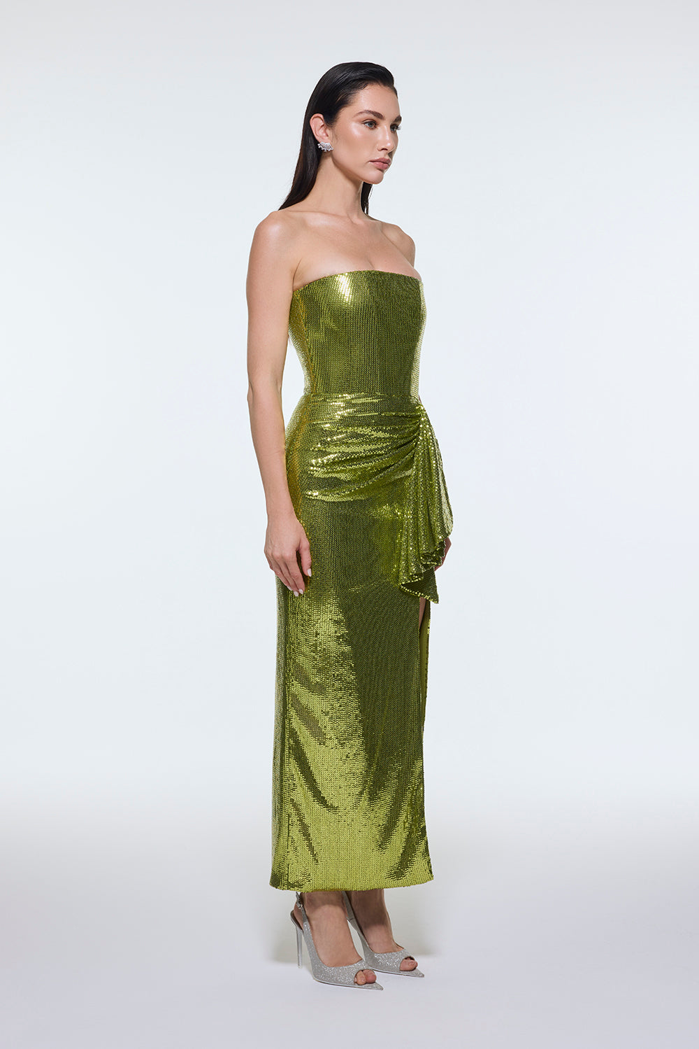 Bel Drape Detaylı Straplez Midi Abiye Elbise - 9295C - Fıstık Yeşil