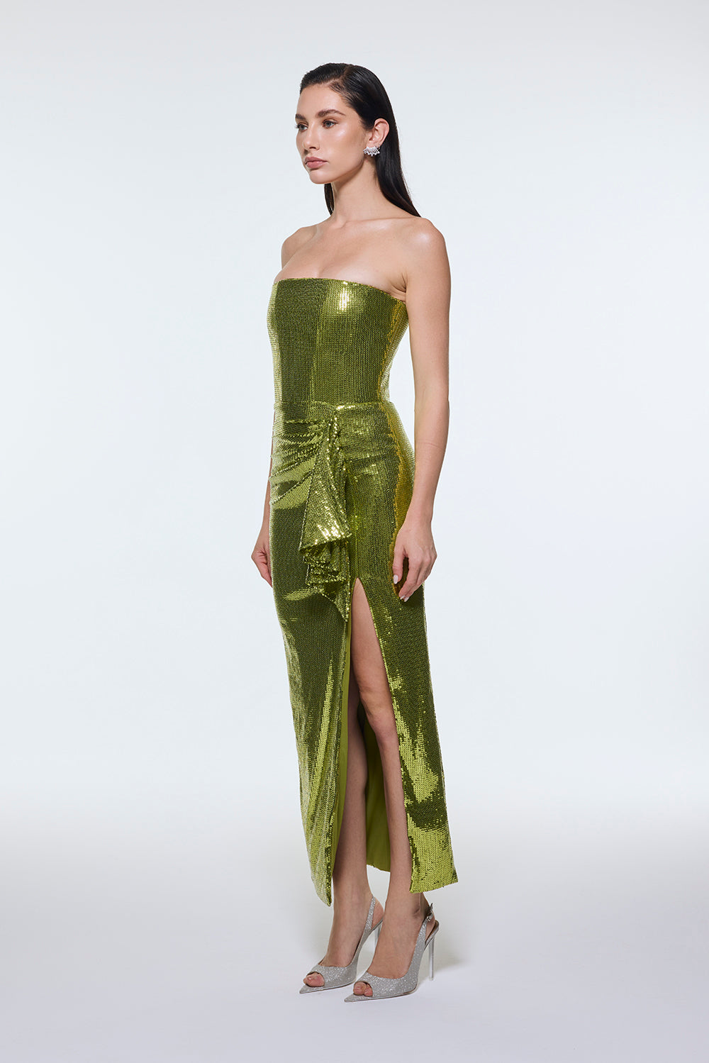 Bel Drape Detaylı Straplez Midi Abiye Elbise - 9295C - Fıstık Yeşil