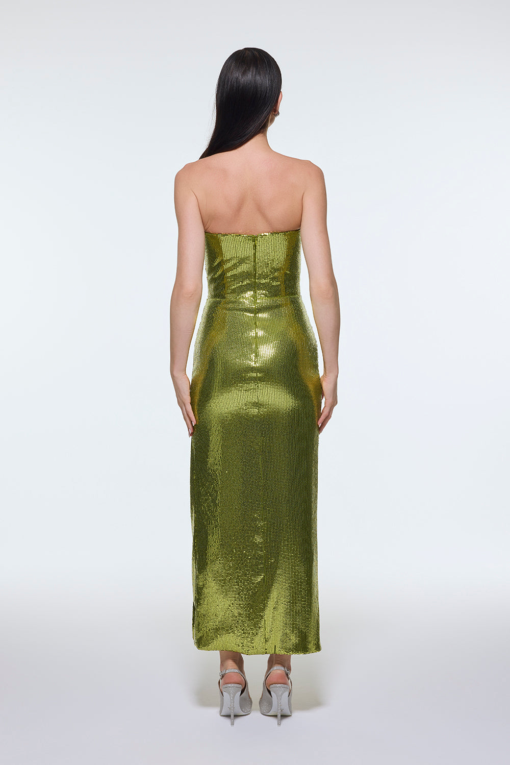 Bel Drape Detaylı Straplez Midi Abiye Elbise - 9295C - Fıstık Yeşil