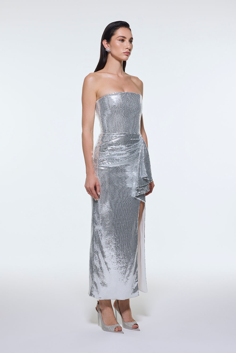 Bel Drape Detaylı Straplez Midi Abiye Elbise - 9295C - BEYAZ