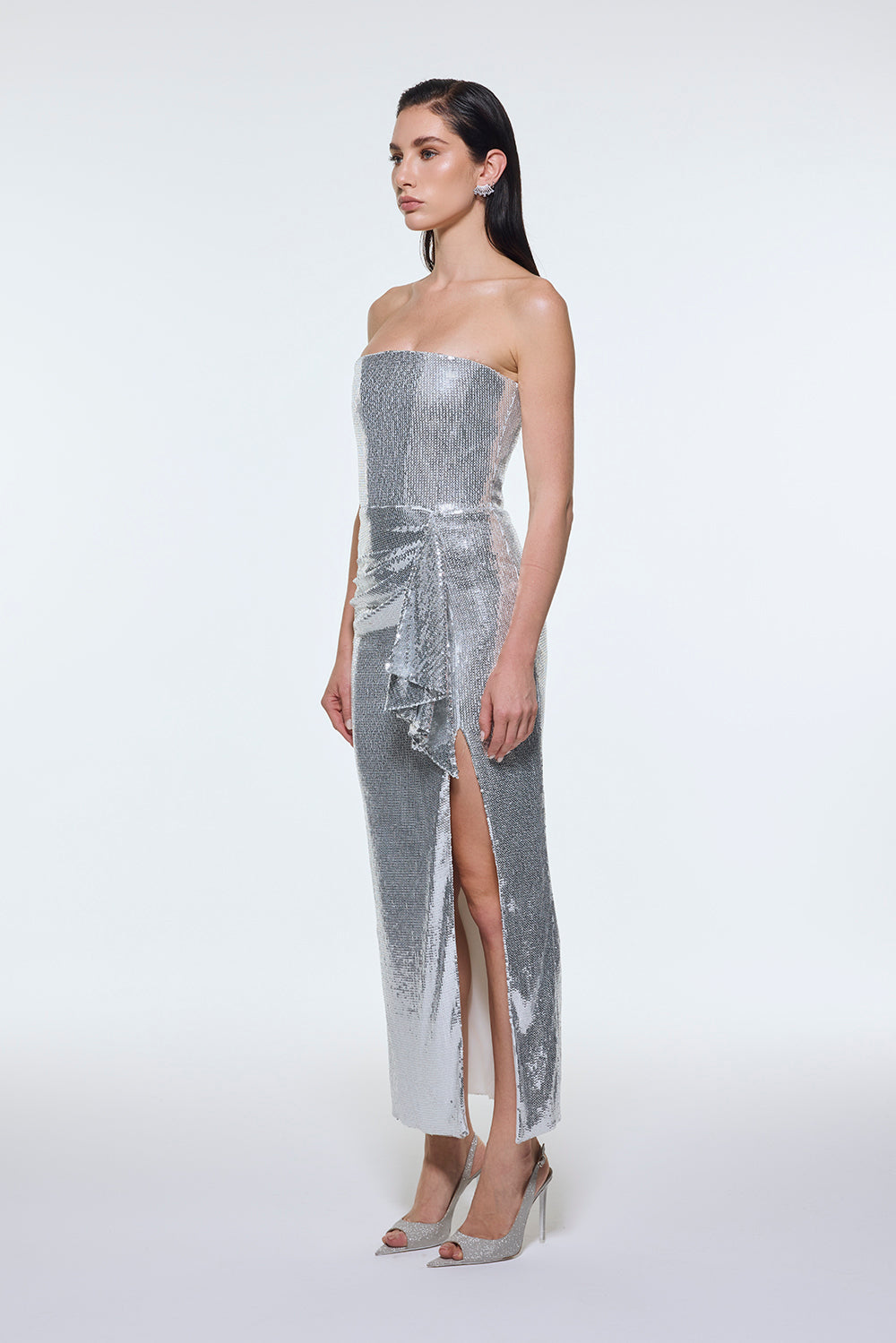 Bel Drape Detaylı Straplez Midi Abiye Elbise - 9295C - BEYAZ