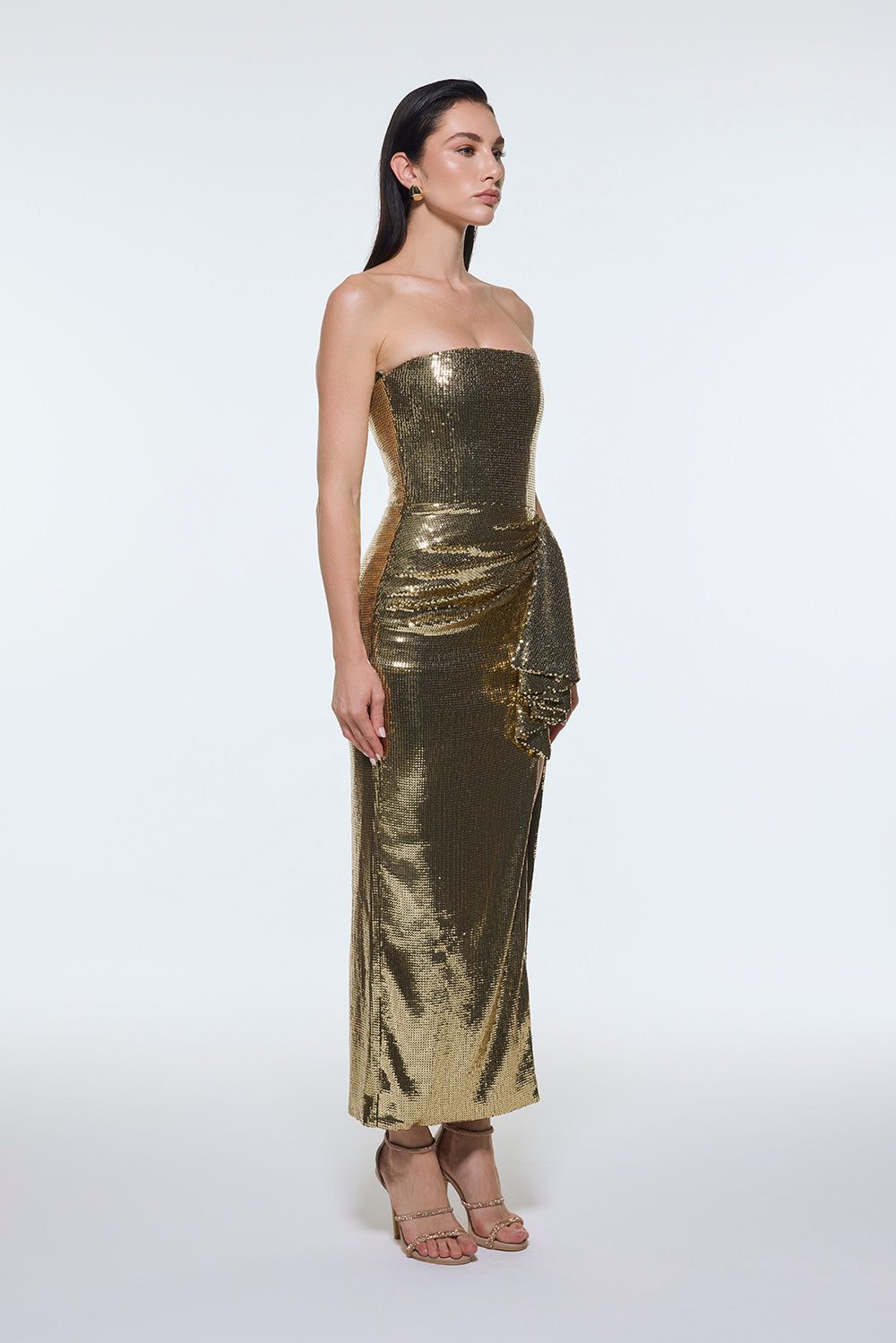 Bel Drape Detaylı Straplez Midi Abiye Elbise - 9295C - Yeşil Gold