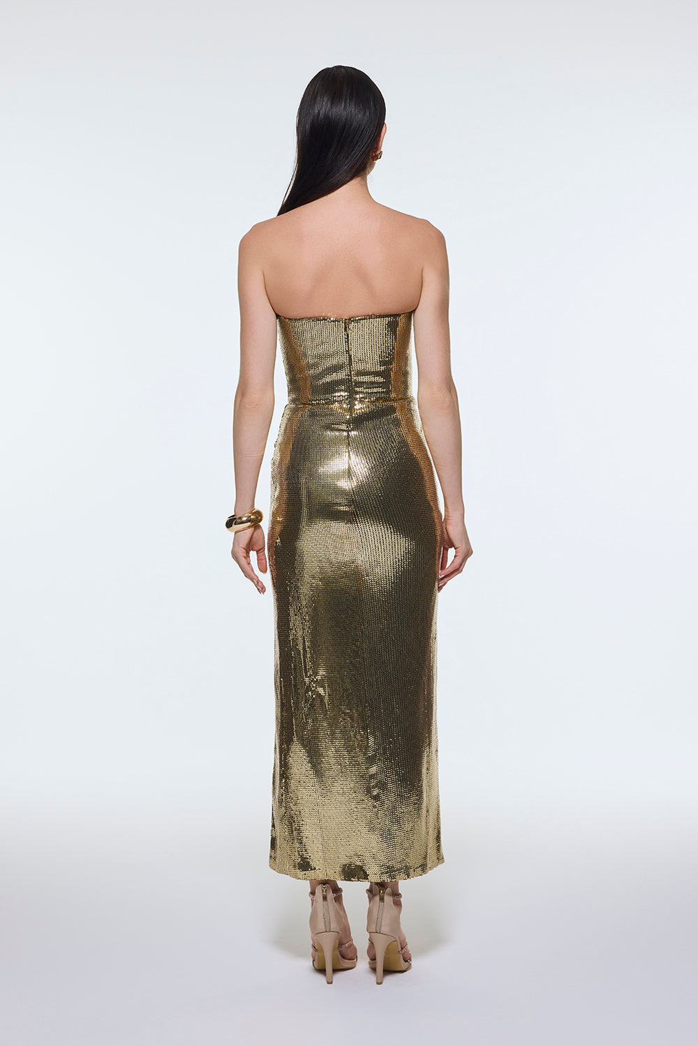 Bel Drape Detaylı Straplez Midi Abiye Elbise - 9295C - Yeşil Gold
