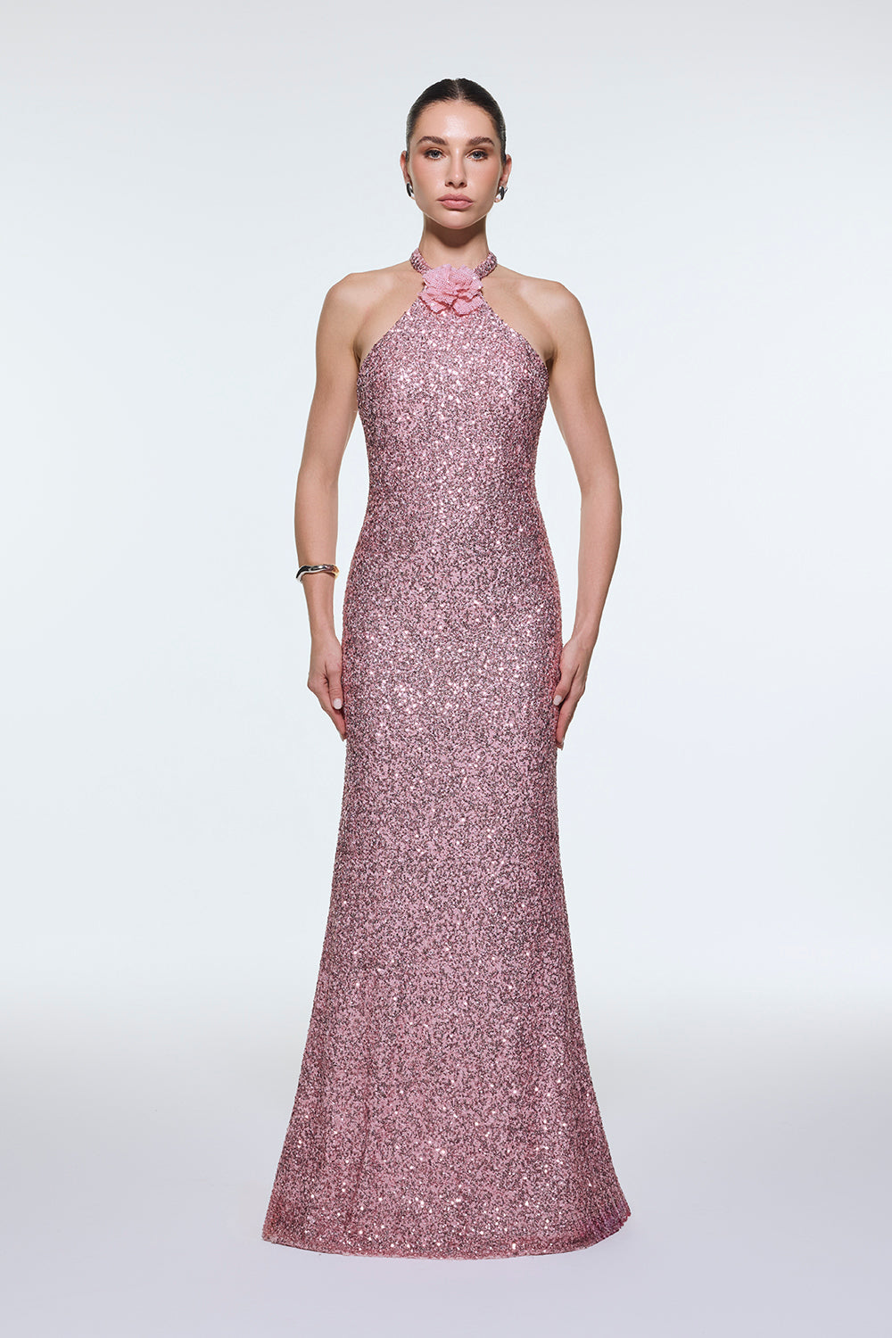 Flower Detailed Sequin Long Evening Dress with Straps from the Neck - 9348C