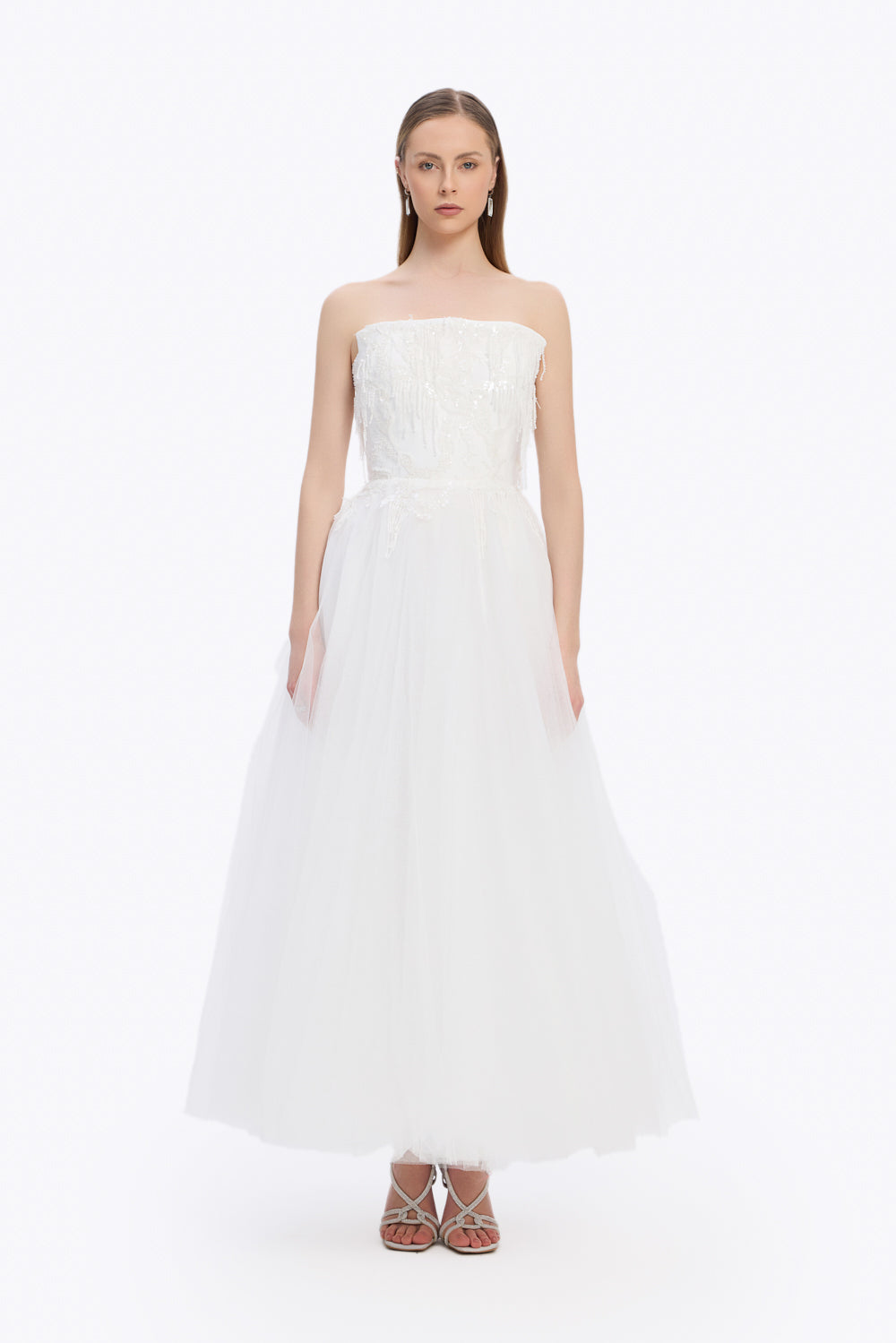 فستان سهرة طويل بدون كتفين ومطرز بالحجارة - 5131C