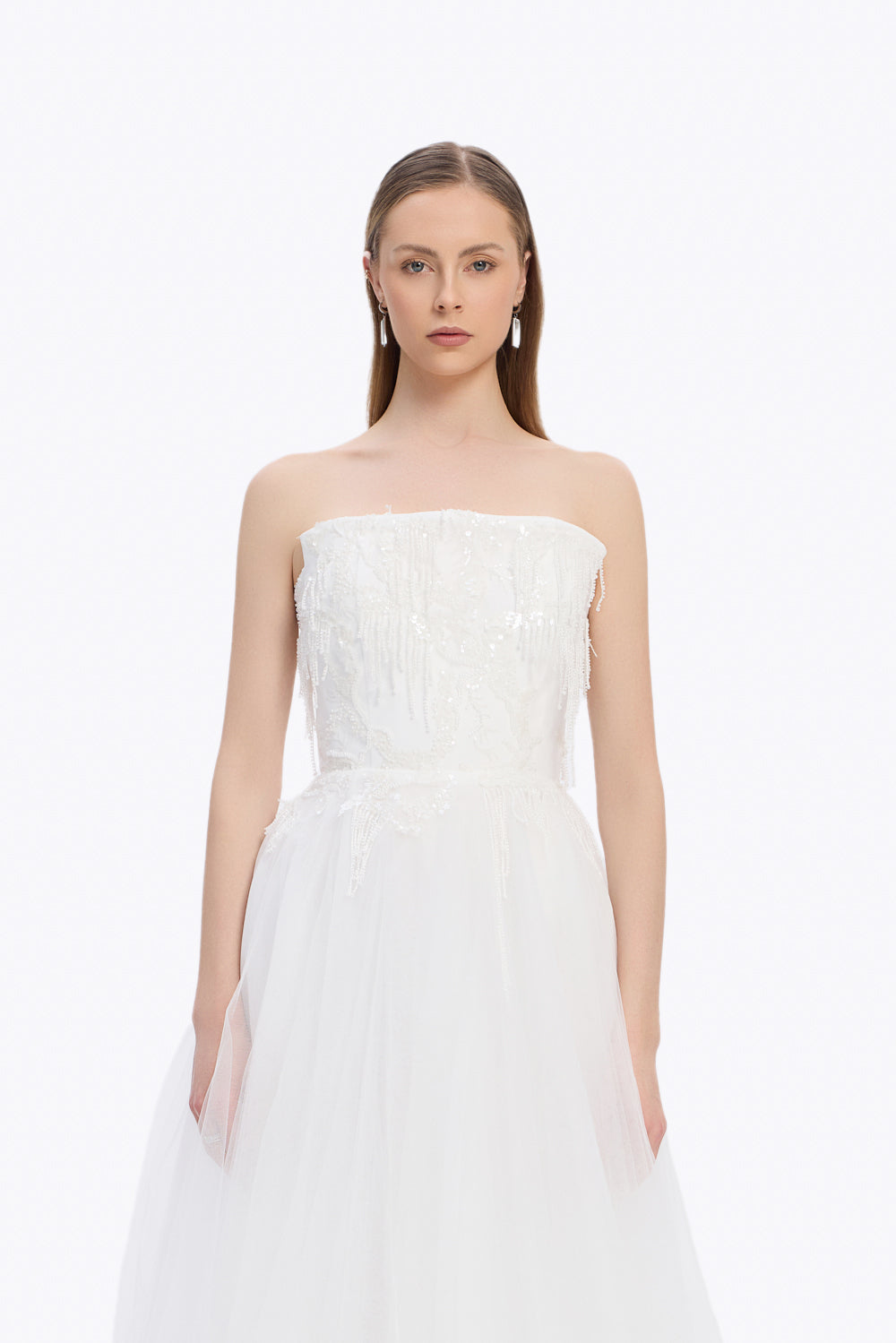 فستان سهرة طويل بدون كتفين ومطرز بالحجارة - 5131C