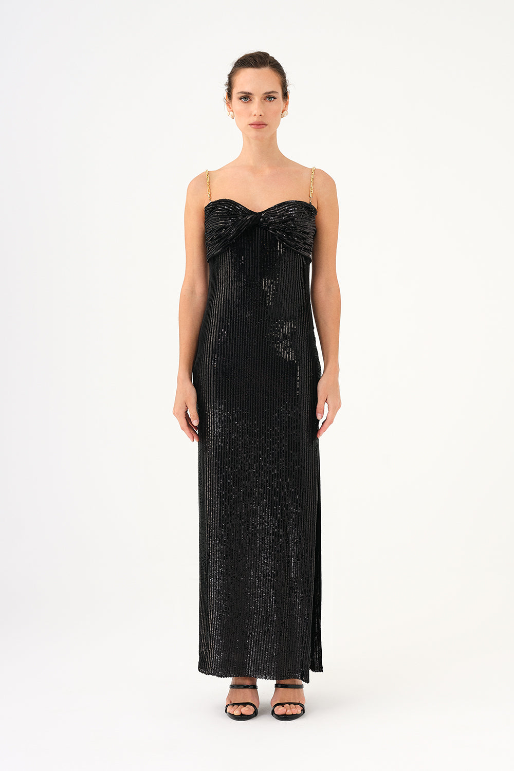 Long Evening Dress with Chain Straps Strapless Collar Slits - 9042C
