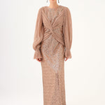 Pleated Sleeve and Drape Detailed Long Evening Dress with Stones - 9094C