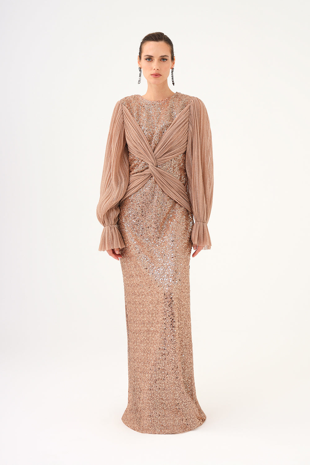 Pleated Sleeve and Drape Detailed Long Evening Dress with Stones - 9094C