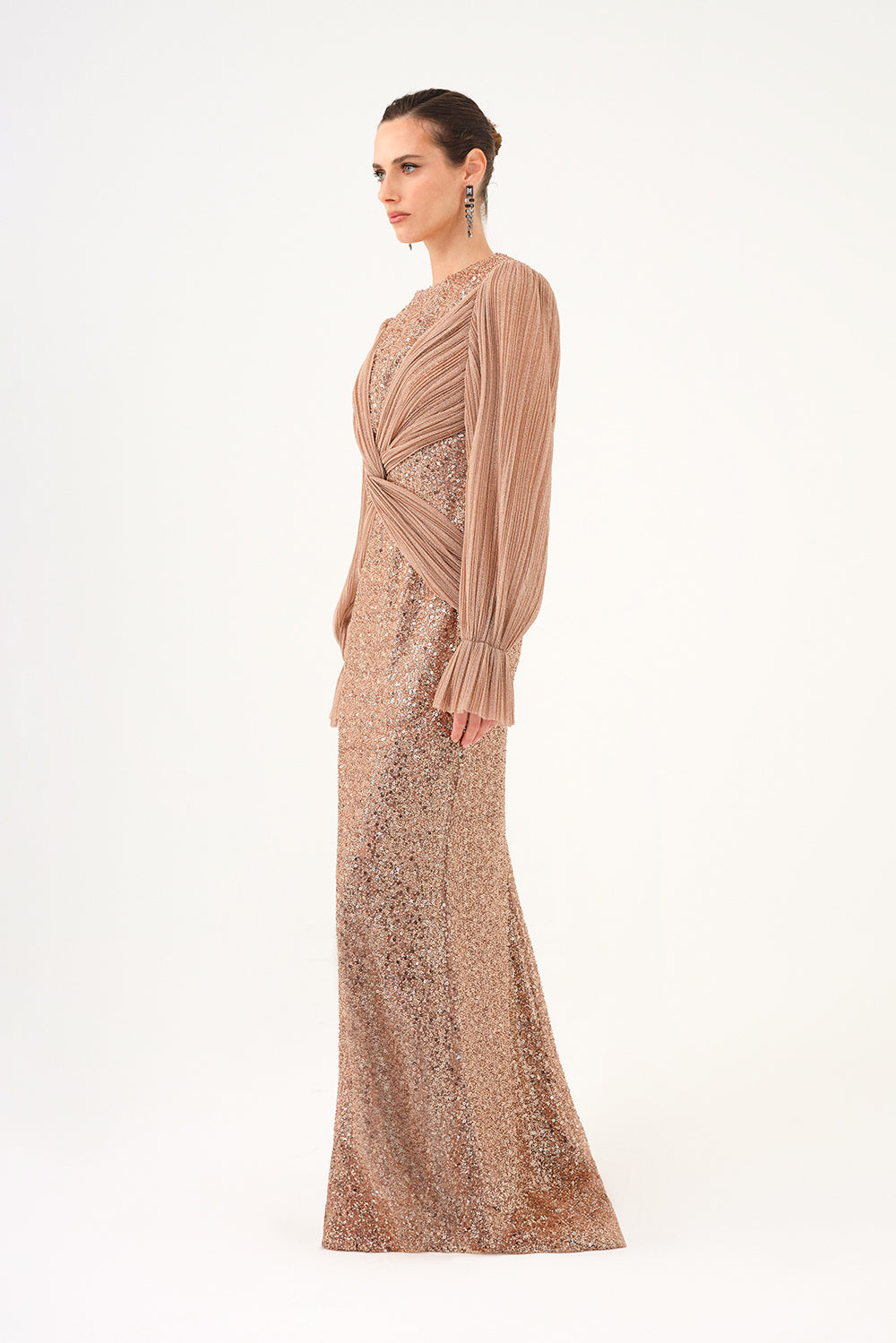 Pleated Sleeve and Drape Detailed Long Evening Dress with Stones - 9094C