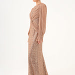 Pleated Sleeve and Drape Detailed Long Evening Dress with Stones - 9094C