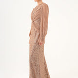 Pleated Sleeve and Drape Detailed Long Evening Dress with Stones - 9094C