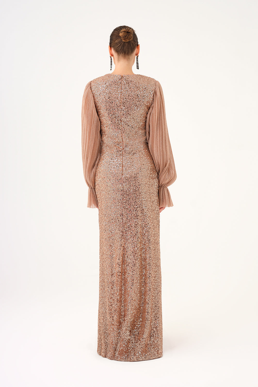 Pleated Sleeve and Drape Detailed Long Evening Dress with Stones - 9094C