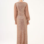 Pleated Sleeve and Drape Detailed Long Evening Dress with Stones - 9094C