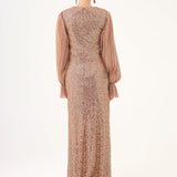 Pleated Sleeve and Drape Detailed Long Evening Dress with Stones - 9094C