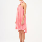 Halter Yaka Broş Detaylı Piliseli Mini Abiye Elbise - 9127C - PEMBE