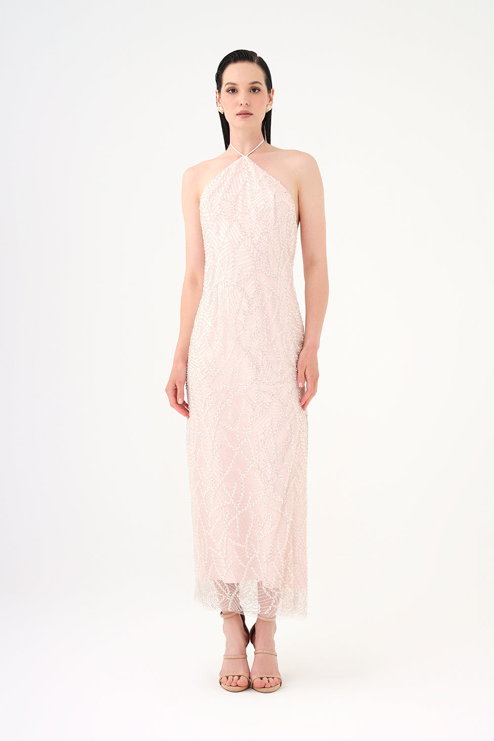 Pearl Detailed Halter Neck Midi Evening Dress - 9150C