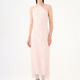 Pearl Detailed Halter Neck Midi Evening Dress - 9150C