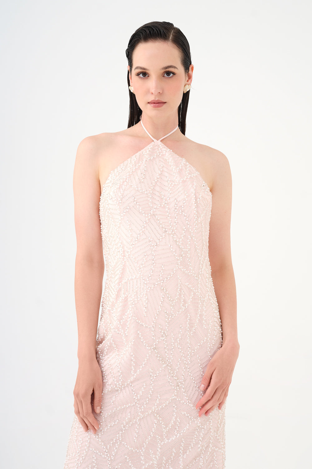 Pearl Detailed Halter Neck Midi Evening Dress - 9150C