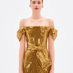Sequined Long Evening Dress with Bow Detail - 9055C