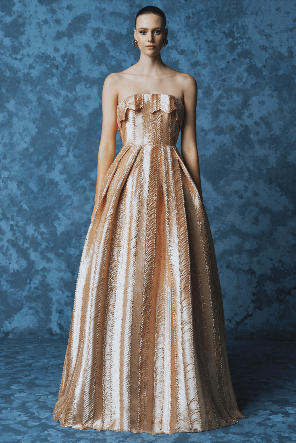 Straplez Yaka Prenses Kesim Uzun Abiye Elbise - 9050C - Şampanya